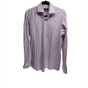 BOSS Hugo Boss Men's Pink & Blue Plaid Cotton Sharp‎ Fit Shirt Size 15 32/33